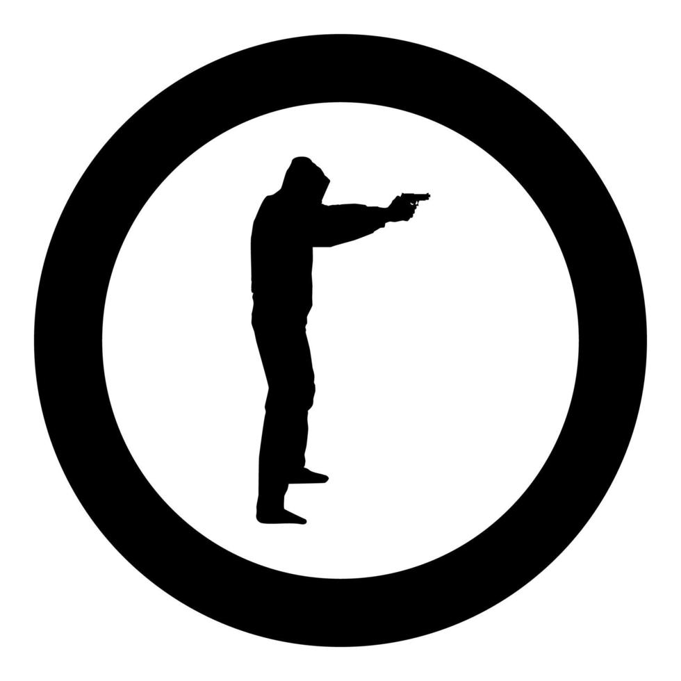 man in de kap met pistool concept gevaar uitgestrekte armen pictogram zwarte kleur illustratie in cirkel round vector