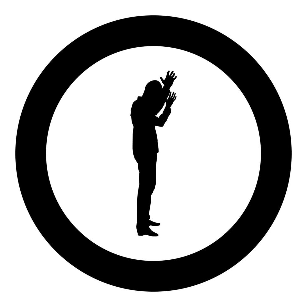 concept van mislukking wat is het voor mij probleem man opgeheven handen silhouet pictogram zwarte kleur illustratie in cirkel ronde? vector