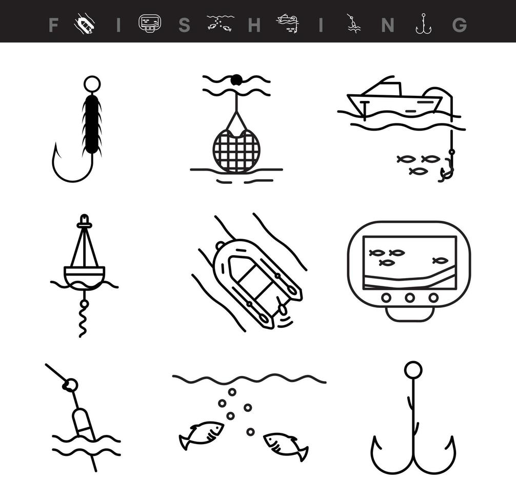 icon set van vistuig. dit pictogram is een visvinder, naald, boei, varen en bootvissen pictogramsymbool. bewerkbare pictogramserie. visclub of online webshop creatieve vector lijntekeningen.