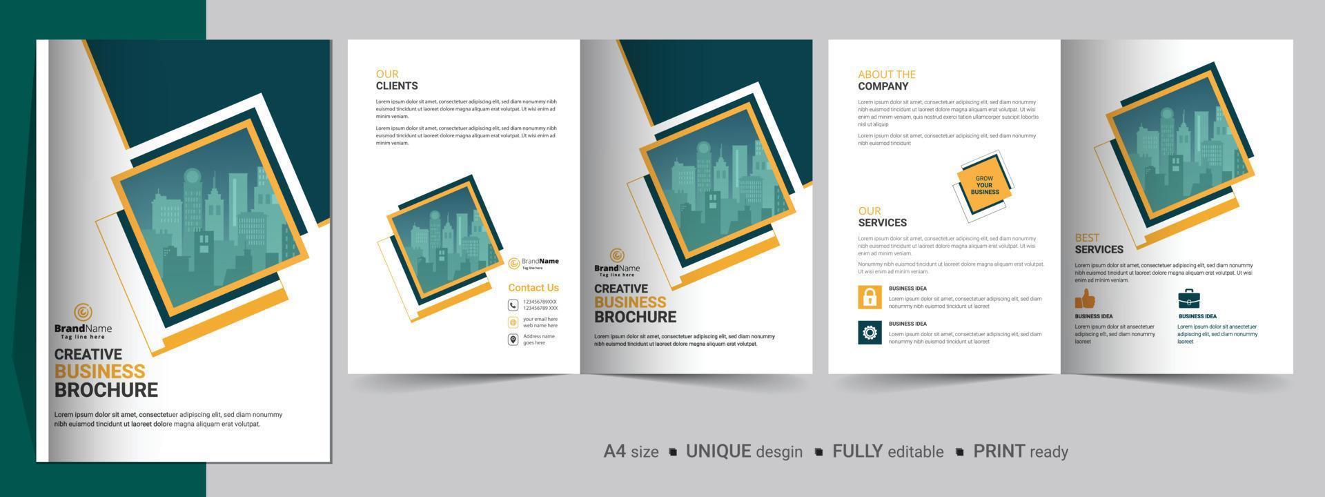 creatieve tweevoudige brochure ontwerpsjabloon. multifunctionele sjabloon, inclusief omslag-, achter- en binnenpagina's. vector
