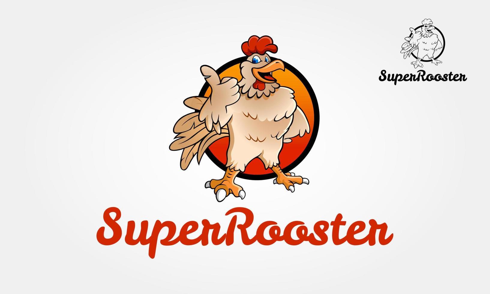 super haan logo stripfiguur. een gelukkig grappige cartoon super haan kip die een duim omhoog geeft. cartoon kleurrijke hanen mascottes. vector logo illustratie.