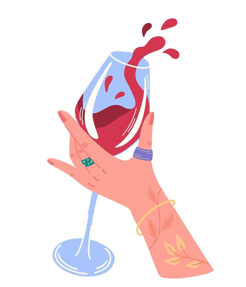 hand met een glas wijn. proost of het drinken van toast. glas met rode wijn in vrouwelijke hand. succes feest. ideaal voor het afdrukken van ansichtkaarten en posters. moderne cartoon vectorillustratie. vector