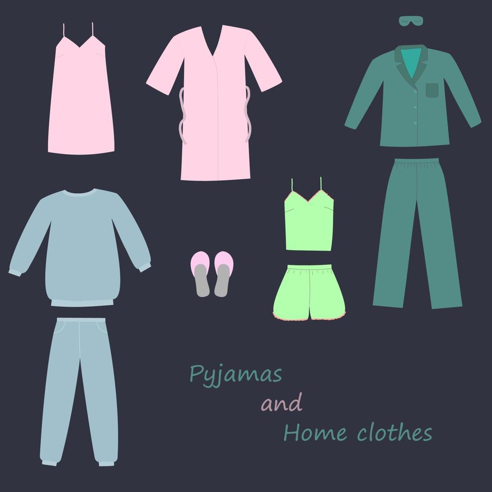 set handgetekende pyjama's en huiskleding. vector illustratie