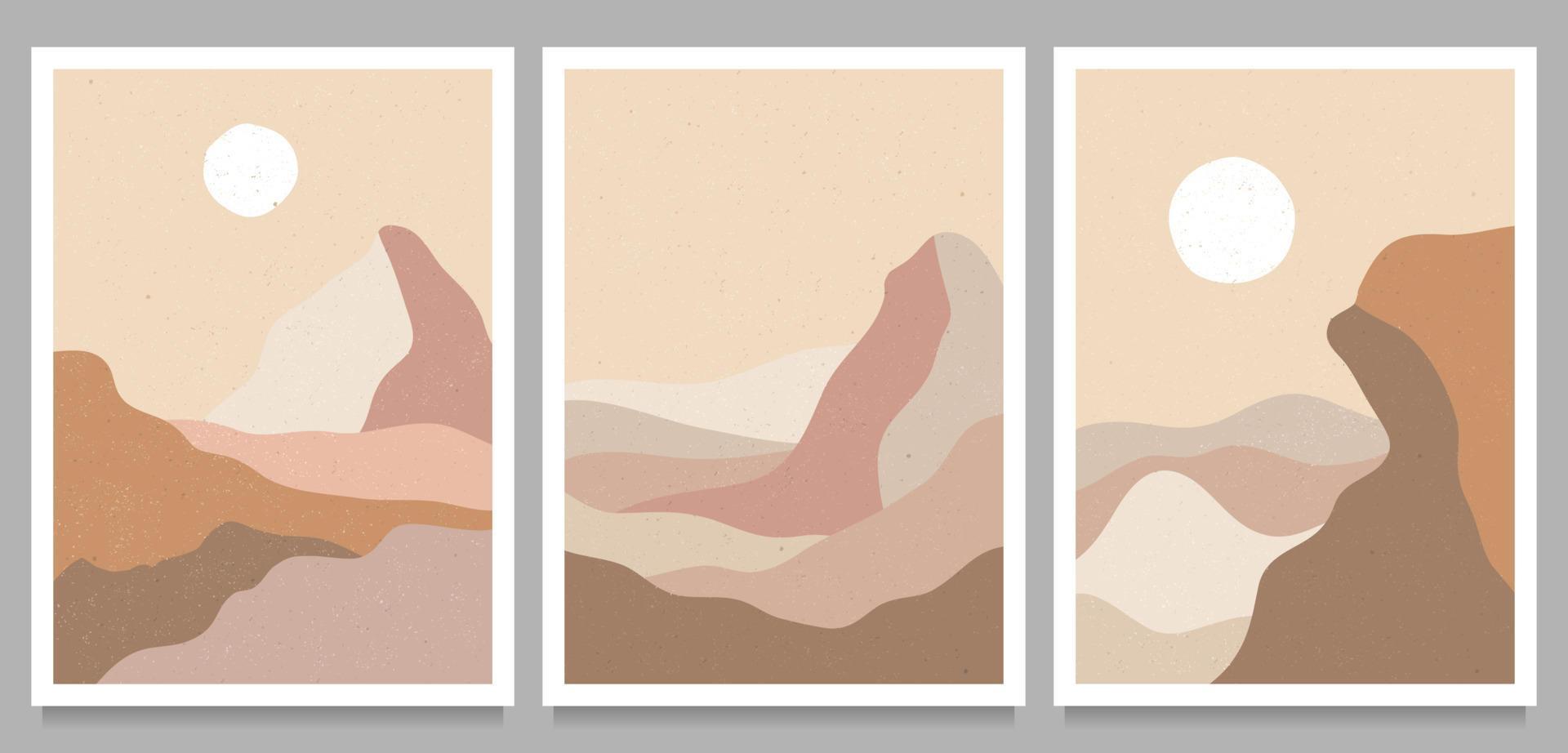 berg, bos, heuvel, golf, zon en maan op grote set. halverwege de eeuw moderne minimalistische kunstdruk. abstracte hedendaagse esthetische achtergronden landschap. trendy vectorillustraties vector