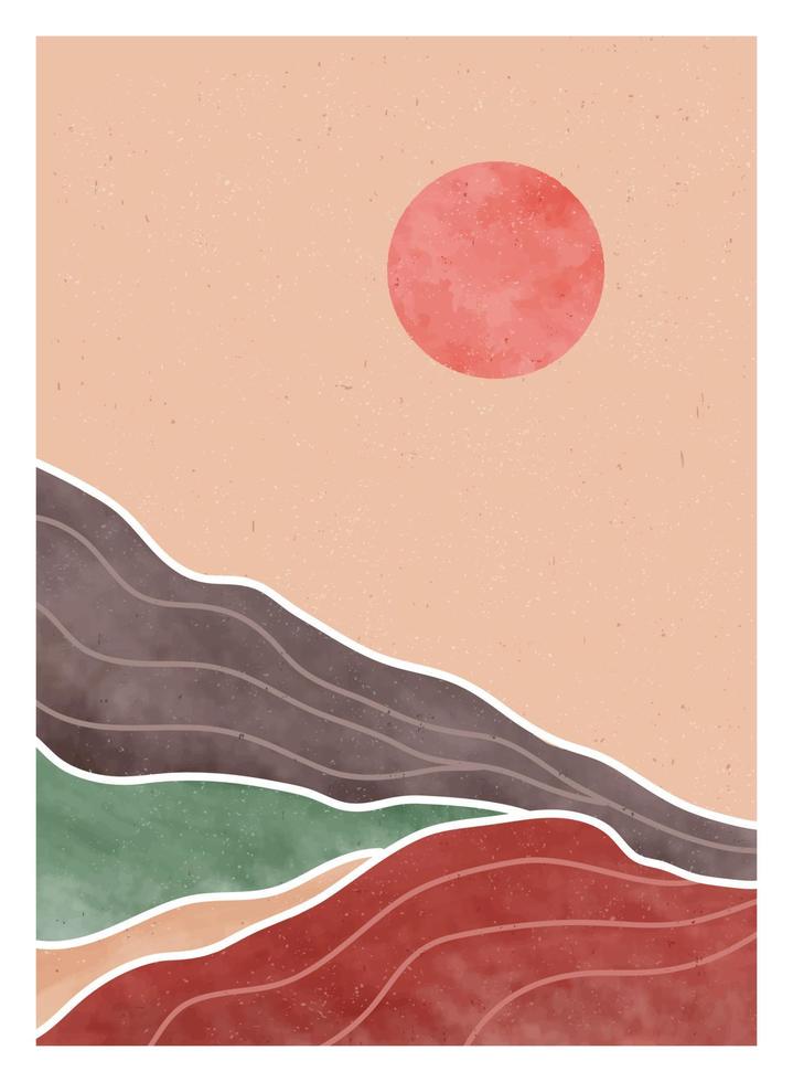 abstracte berglandschap achtergrond. creatieve minimalistische handgeschilderde illustraties van moderne kunstdruk uit het midden van de eeuw. bos, heuvel en maan op set vector