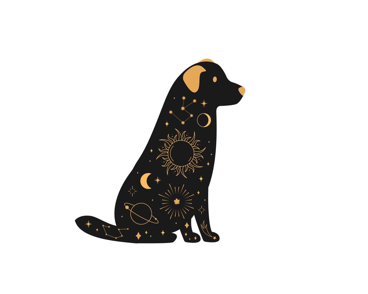 zwarte magische hond, mystieke halve maan esoterisch symbool, constellatie-elementen. heksachtig zwart huisdier. vector