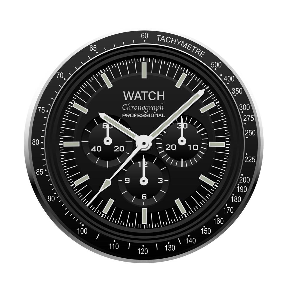 realistische horloge klok chronograaf gezicht roestvrij stalen wijzerplaat zwart op geruit patroon achtergrond vector