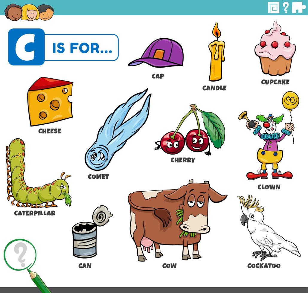 letter c woorden educatieve set met stripfiguren vector