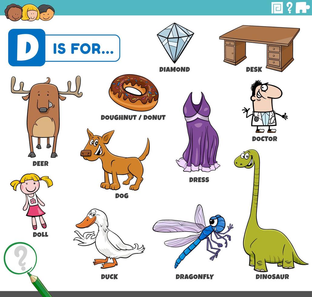 letter d woorden educatieve set met stripfiguren vector