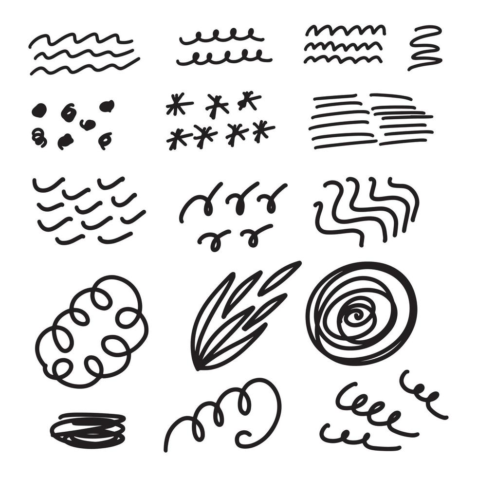 set van eenvoudige handgetekende krabbels, doodles, lijnen, wervelingen. handgetekende verzameling kinderachtige grafische ontwerpelementen vector