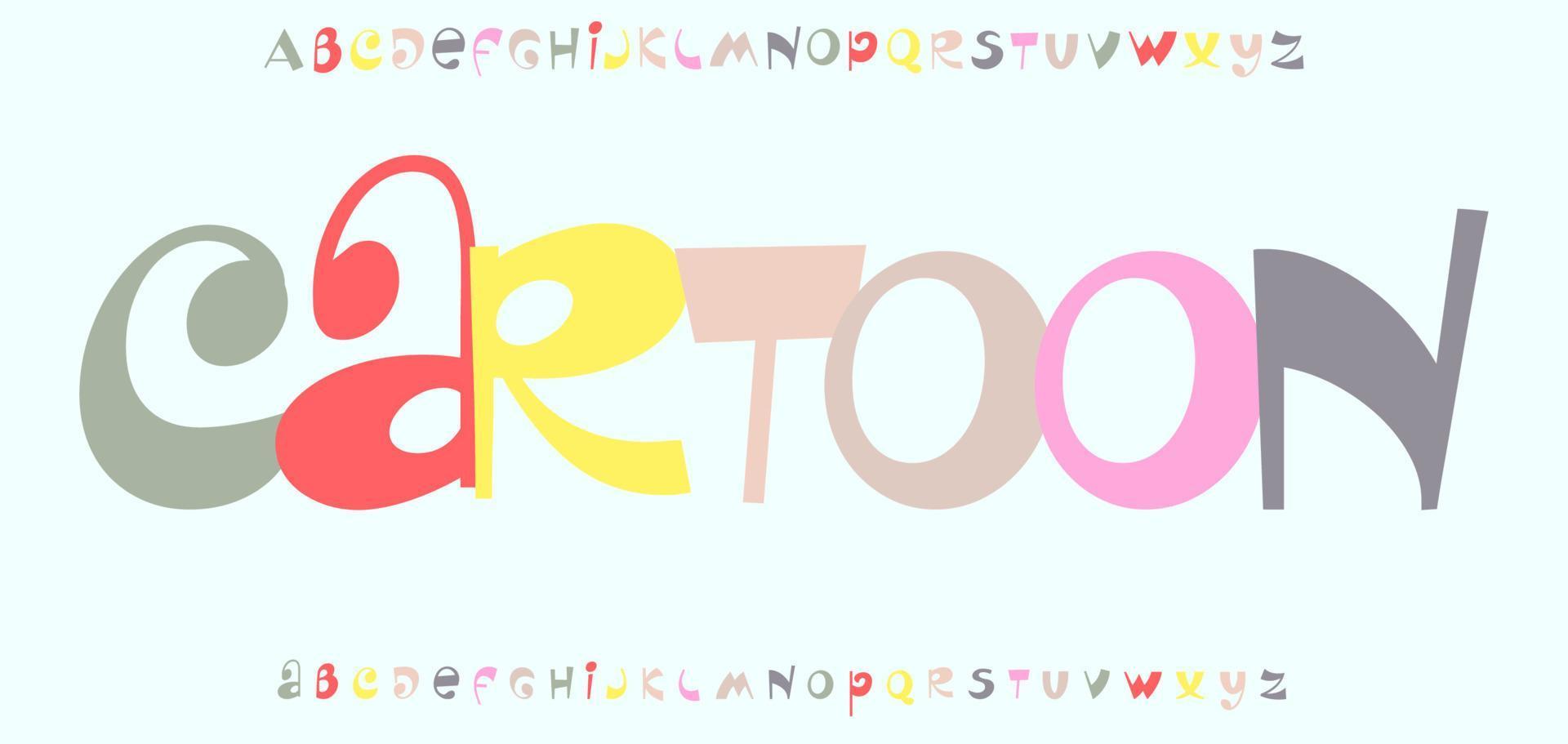 tekenfilm alfabet. kinderachtig grappig lettertype. speels type voor kinderzone, speelkamer en kinderspeelgoed. vrolijk logo, verjaardagskop, stripboektypografie. brutale stijlbrieven, vector typografisch ontwerp.