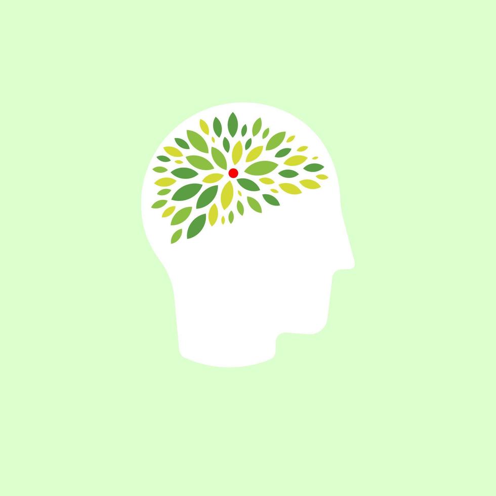 groene bladeren hersenen, menselijk hoofd silhouet. denkproces symbool, hersenen en neuronen gezondheid, schone omgeving teken. vectorillustratie. vector
