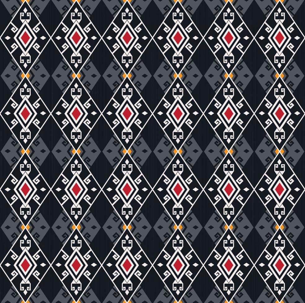 ikat etnische geometrische rode gele ruit vierkante vorm naadloze rasterpatroon op blauw grijze kleur textuur achtergrond. gebruik voor stof, textiel, interieurdecoratie-elementen, stoffering, verpakking. vector