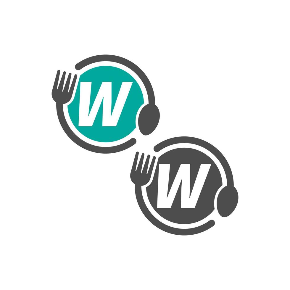 vork en lepel pictogram cirkelen letter w logo ontwerp vector
