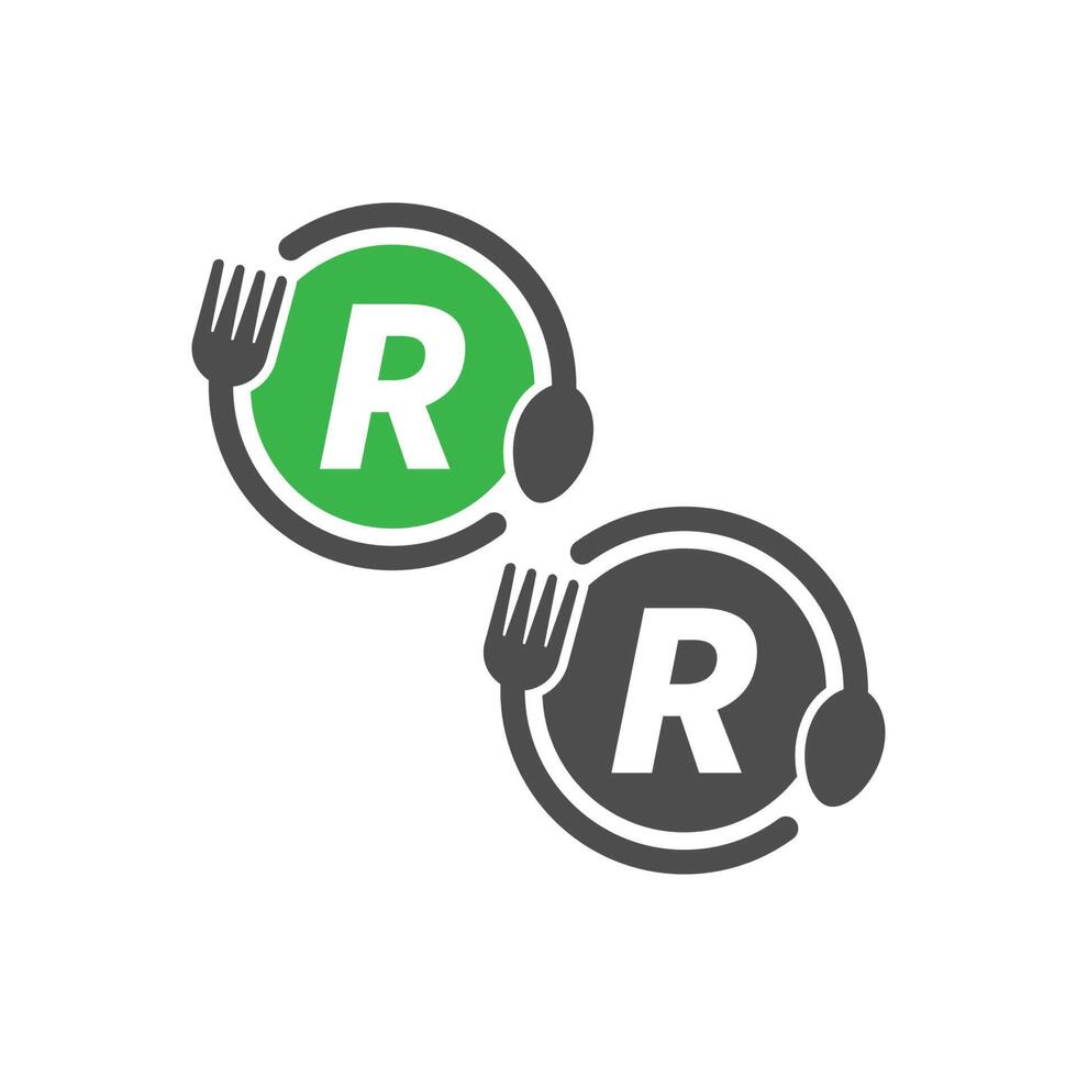 vork en lepel pictogram cirkelen letter r logo ontwerp vector