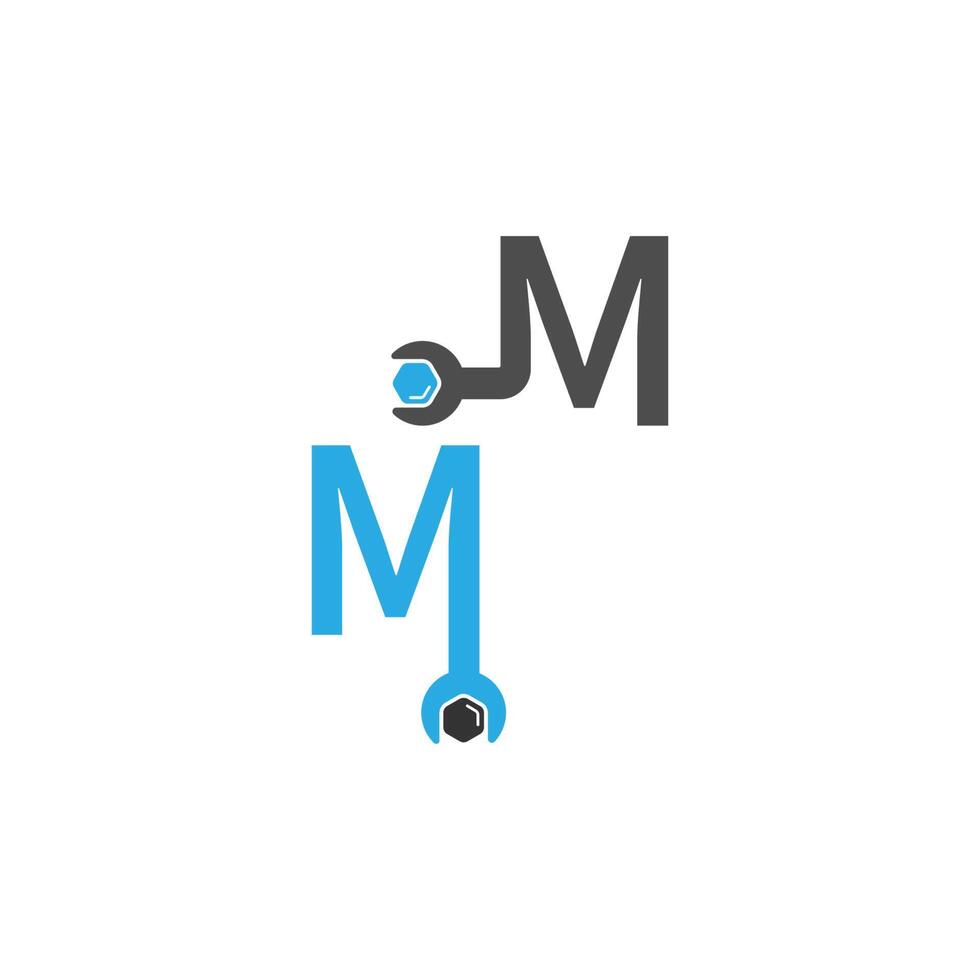 letter m-logopictogram dat een moersleutel- en boutontwerp vormt vector