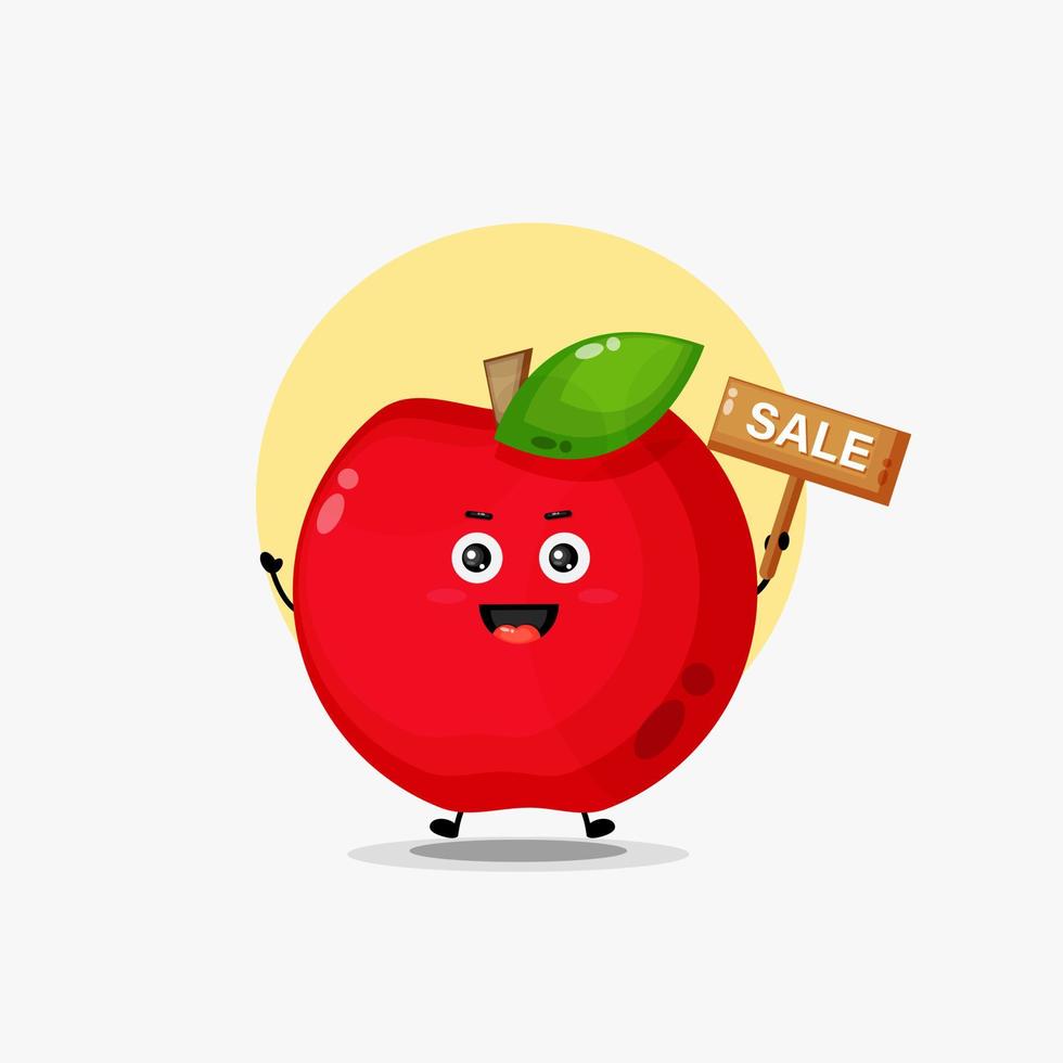 schattig rood appelkarakter met verkoopteken vector