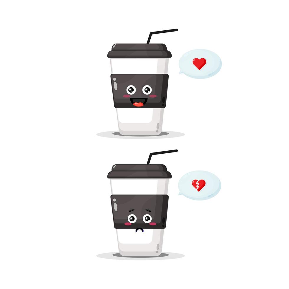 schattig koffiekopje karakter met blije en droevige uitdrukkingen vector