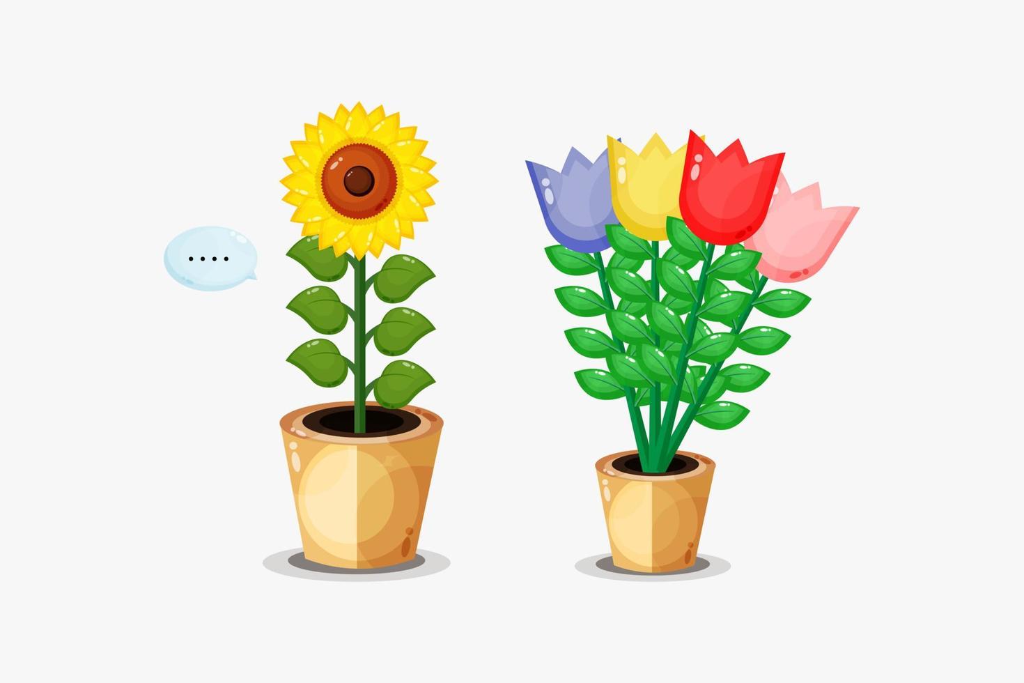 zonnebloemen en tulpen in potten vector