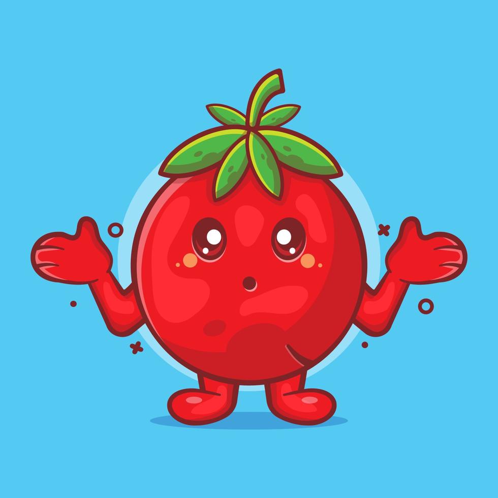 schattig tomaat fruit karakter mascotte met verward gebaar geïsoleerde cartoon in vlakke stijl ontwerp. geweldige bron voor pictogram, symbool, logo, sticker, banner. vector
