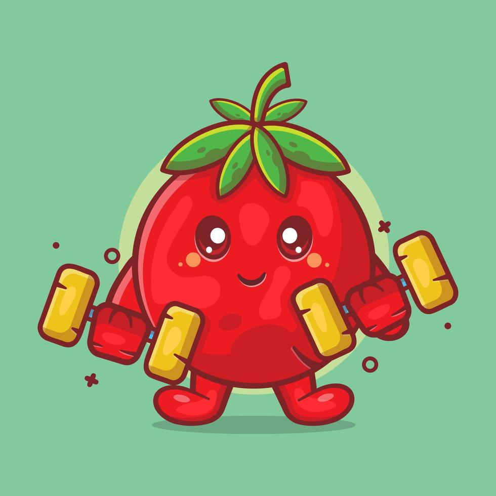 kleurrijke tomaat fruit karakter mascotte doen oefening met behulp van barbell geïsoleerde cartoon in vlakke stijl ontwerp. geweldige bron voor pictogram, symbool, logo, sticker, banner. vector