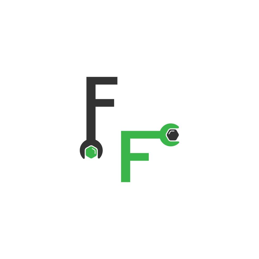 letter f-logopictogram dat een moersleutel- en boutontwerp vormt vector