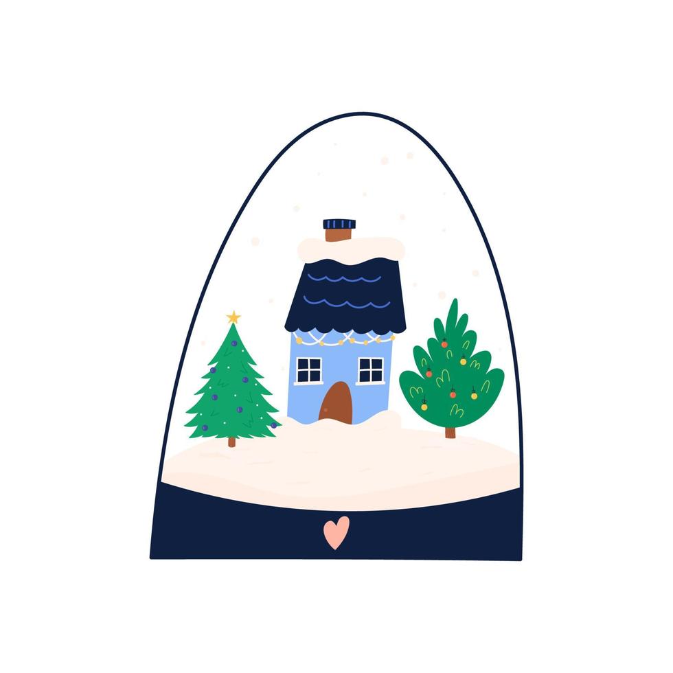 schattige sneeuwbol met huis en kerstboom binnen, platte vectorillustratie geïsoleerd op een witte achtergrond. winterlandschap in glazen bol. vector