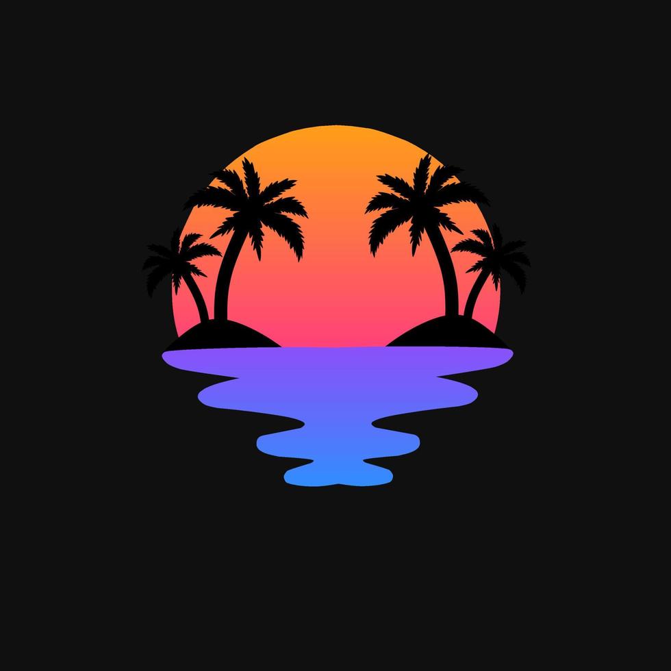 sjabloon logo silhouet palmboom met zonsondergang op het eiland vector