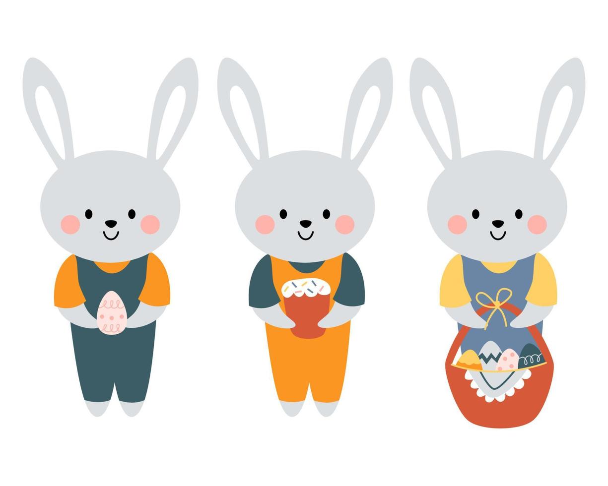 kawaii schattige konijntjes, konijnen. gelukkig Pasen. charmante clipart voor ansichtkaarten, prenten, banners, sjablonen, sociale media en web. cartoon vectorillustratie. vector