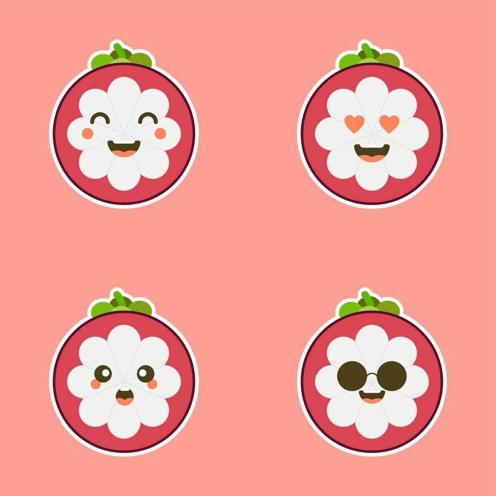 leuke en kawaii platte cartoon mangosteen illustratie. vectorillustratie van schattige mangosteen met een lachende uitdrukking. schattig fruit mascotte ontwerp vector