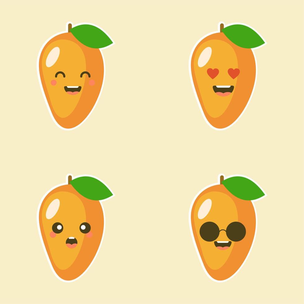 leuke en kawaii platte cartoon mango illustratie. vectorillustratie van schattige mango met smilling expressie. schattig mango mascotte ontwerp vector