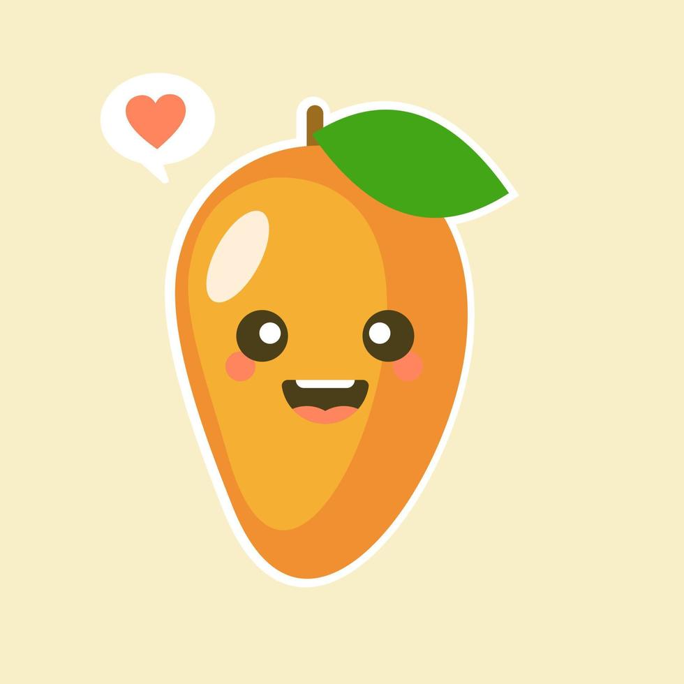 leuke en kawaii platte cartoon mango illustratie. vectorillustratie van schattige mango met smilling expressie. schattig mango mascotte ontwerp vector