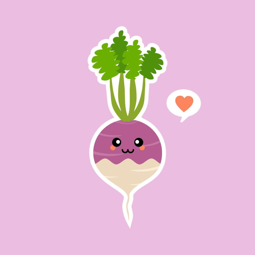 paarse raap platte ontwerp vectorillustratie. schattige cartoon radijs en vrolijk raap vriendelijk karakter. vectorillustratie. kawaii groente mascotte voor veganist en vegetarisch vector