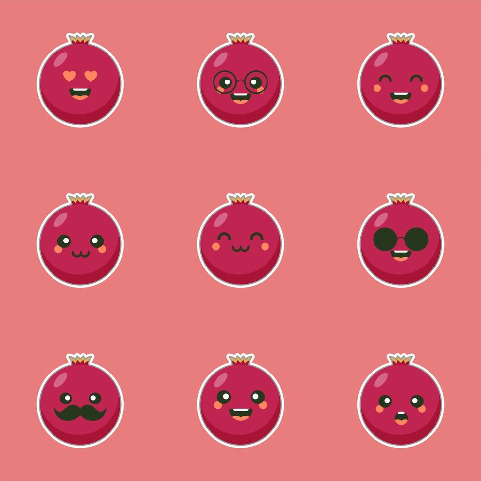 schattig en kawaii granaatappel stripfiguur geïsoleerd op kleur achtergrond vectorillustratie. grappige positieve en vriendelijke emoticon gezichtspictogram. happy smile cartoon gezicht eten emoji, komisch fruit vector