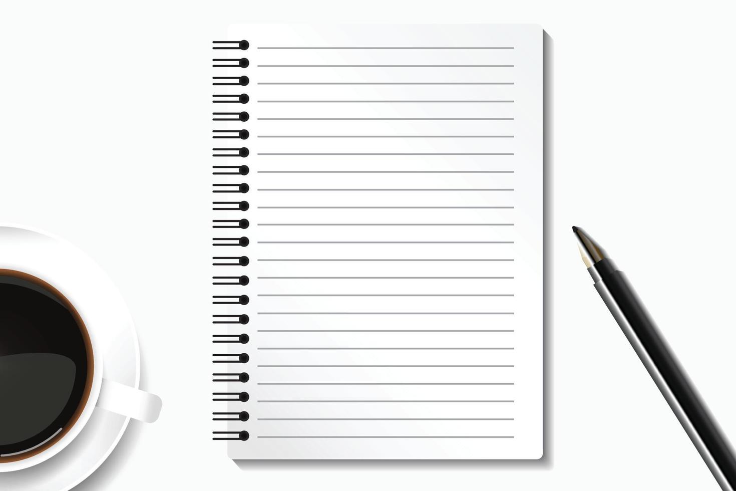 bovenaanzicht bureau met pen, notitieboek en koffiekopje. plat leggen van minimale werkruimte op witte achtergrond. banner met kopie ruimte. realistische objecten geïsoleerd. vector illustratie