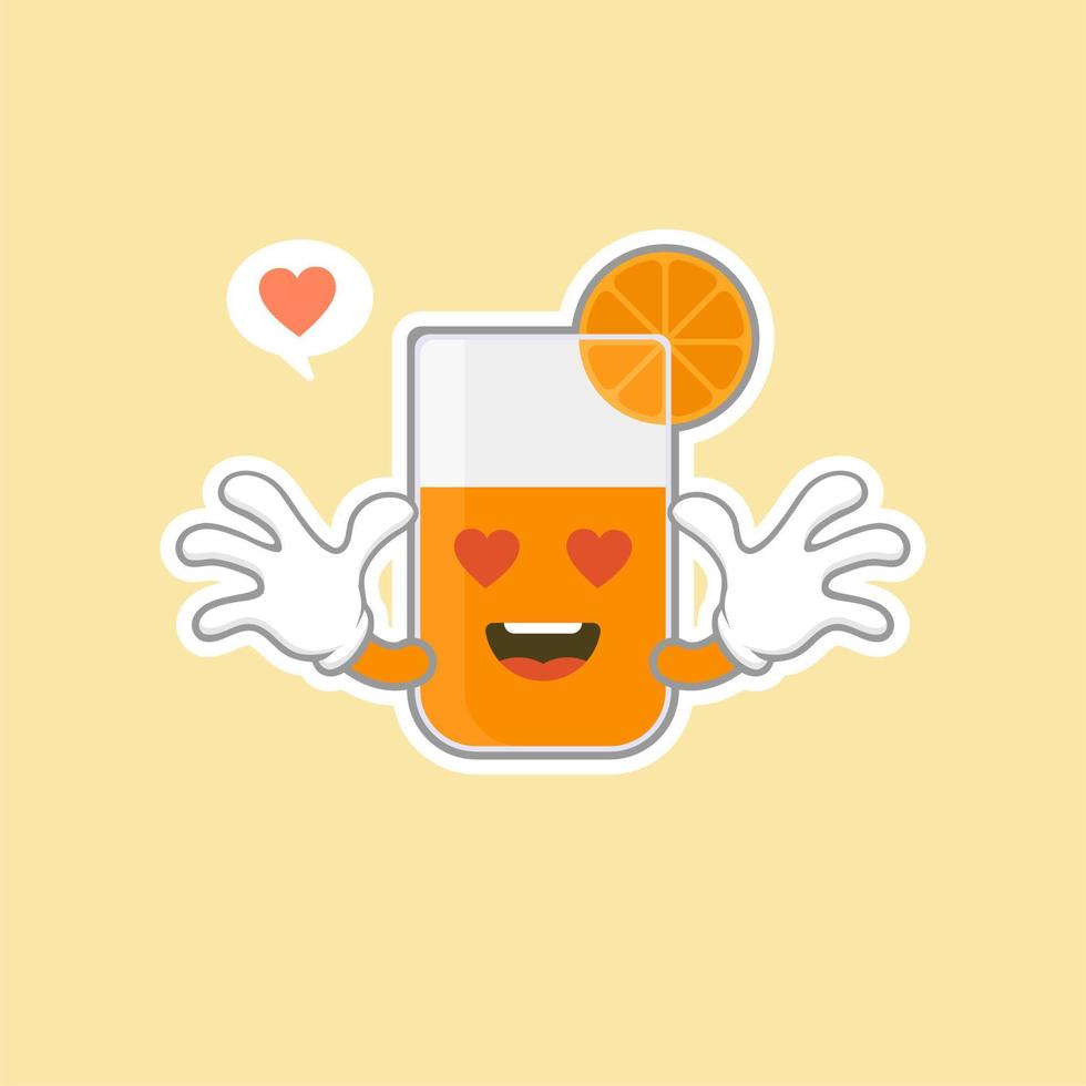 schattig en kawaii sinaasappelsap stripfiguur. kleurrijk fancy drankje karakter. glas verse jus d'orange. vector