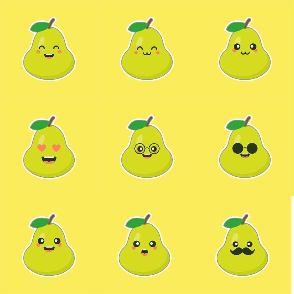 schattige en vrolijke groene peer-personages in stripstijl voor gezond voedsel, veganistisch en kookontwerp. kawaii peer fruit met grappige uitdrukking vector