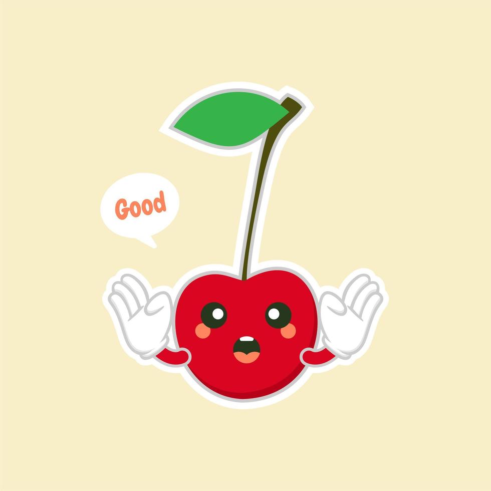 schattig en kawaii cherry characters.fruit ontwerp met cherry vector characters.cute kersen karakter, cherry cartoon vectorillustratie. schattig fruit vector teken geïsoleerd op een achtergrond in kleur.