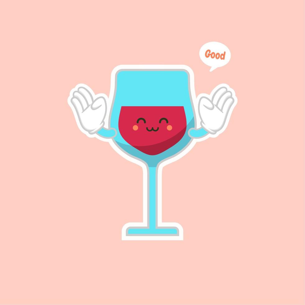 schattig en kawaii glas rode wijn, stripfiguur ontwerp. alcohol mascotte. transparant glas. platte vectorillustratie geïsoleerd op gekleurde achtergrond vector