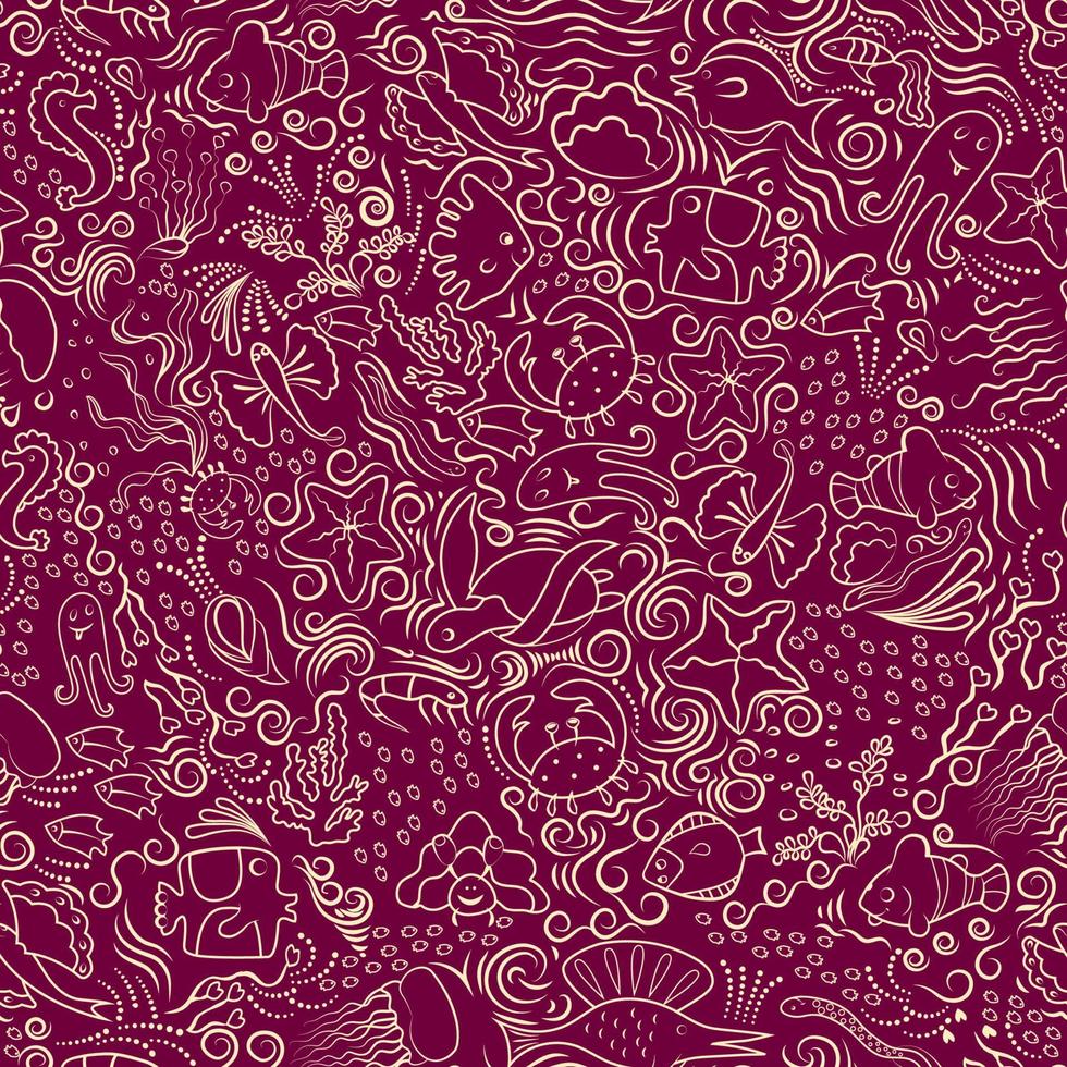 naadloos patroon van zeeleven, vissen, koraal en algen. van wit, artistieke lijnen, contouren, voor het bedrukken van stof, reclameaquaria. op een rode achtergrond. vectorillustratie. vector