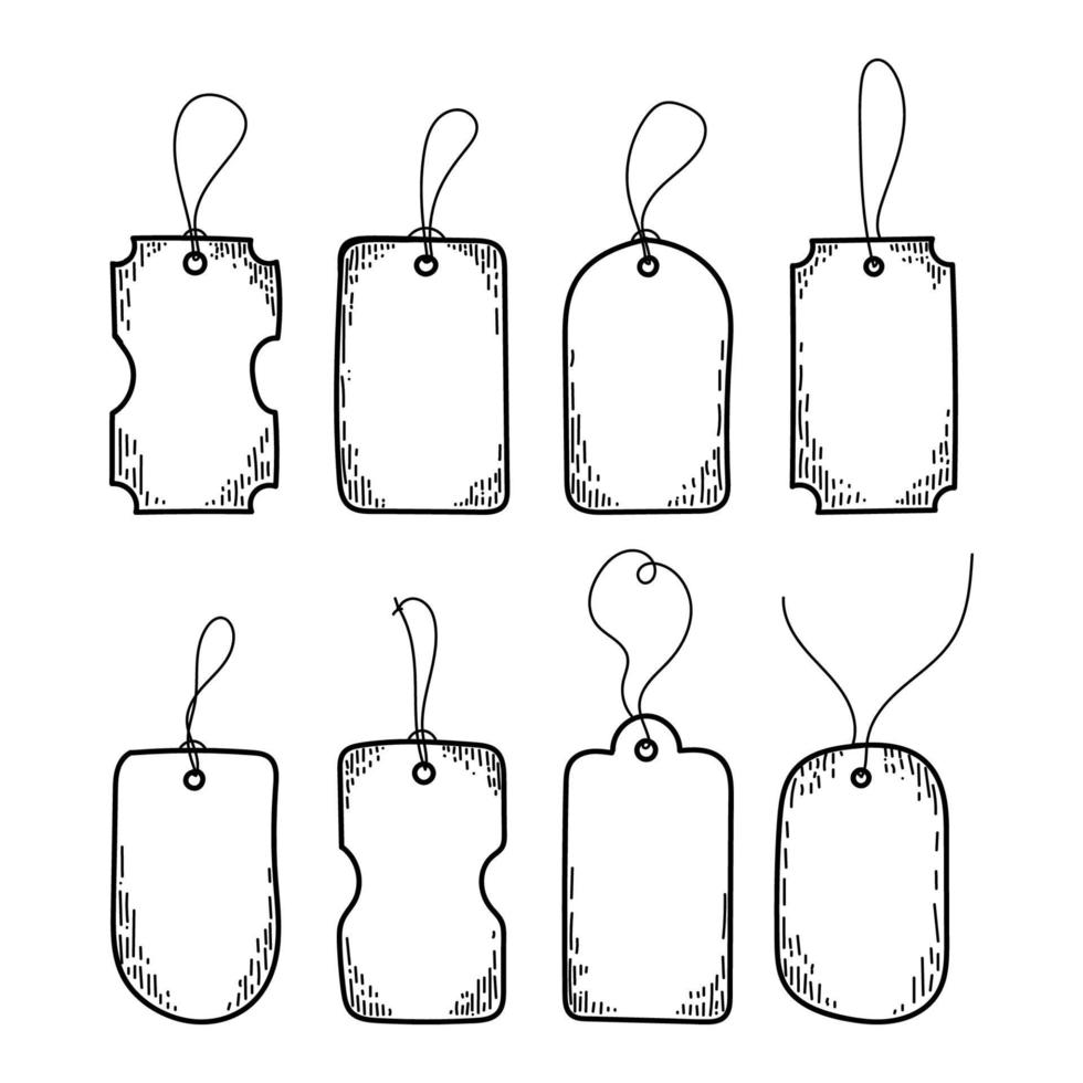 prijskaartjes getekend in doodle stijl. een set blanco tags voor geschenkdozen of labels te koop winkelen met touwtje. vector illustratie