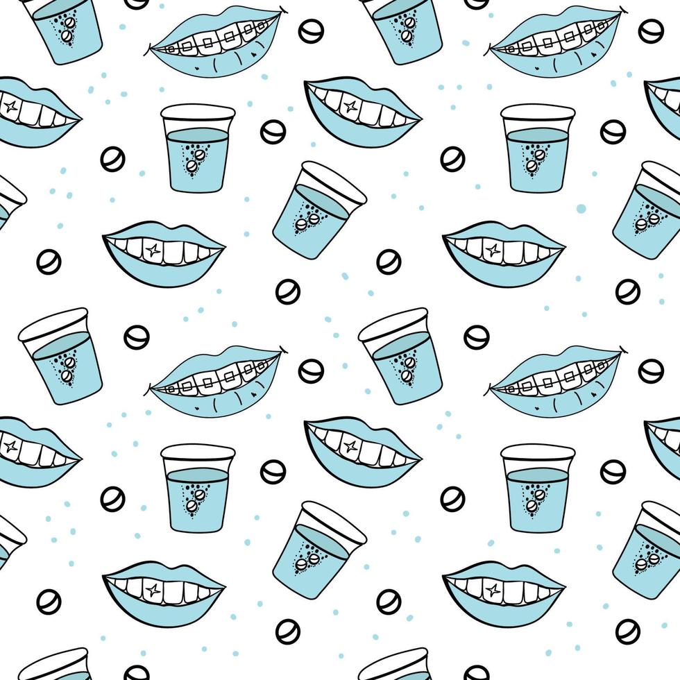 naadloos lippatroon. fancy open mond met tanden, lippen in een glimlach, tanden met beugels. mondspoeling tabletten. positieve emotie. vectorillustratie voor een ongebruikelijk modern ontwerp in pastelkleuren vector