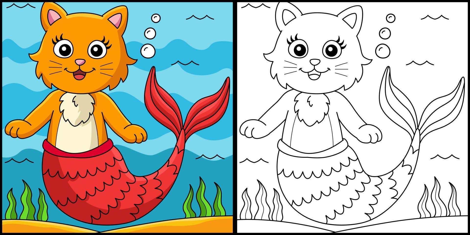kat zeemeermin kleurplaat gekleurde afbeelding vector