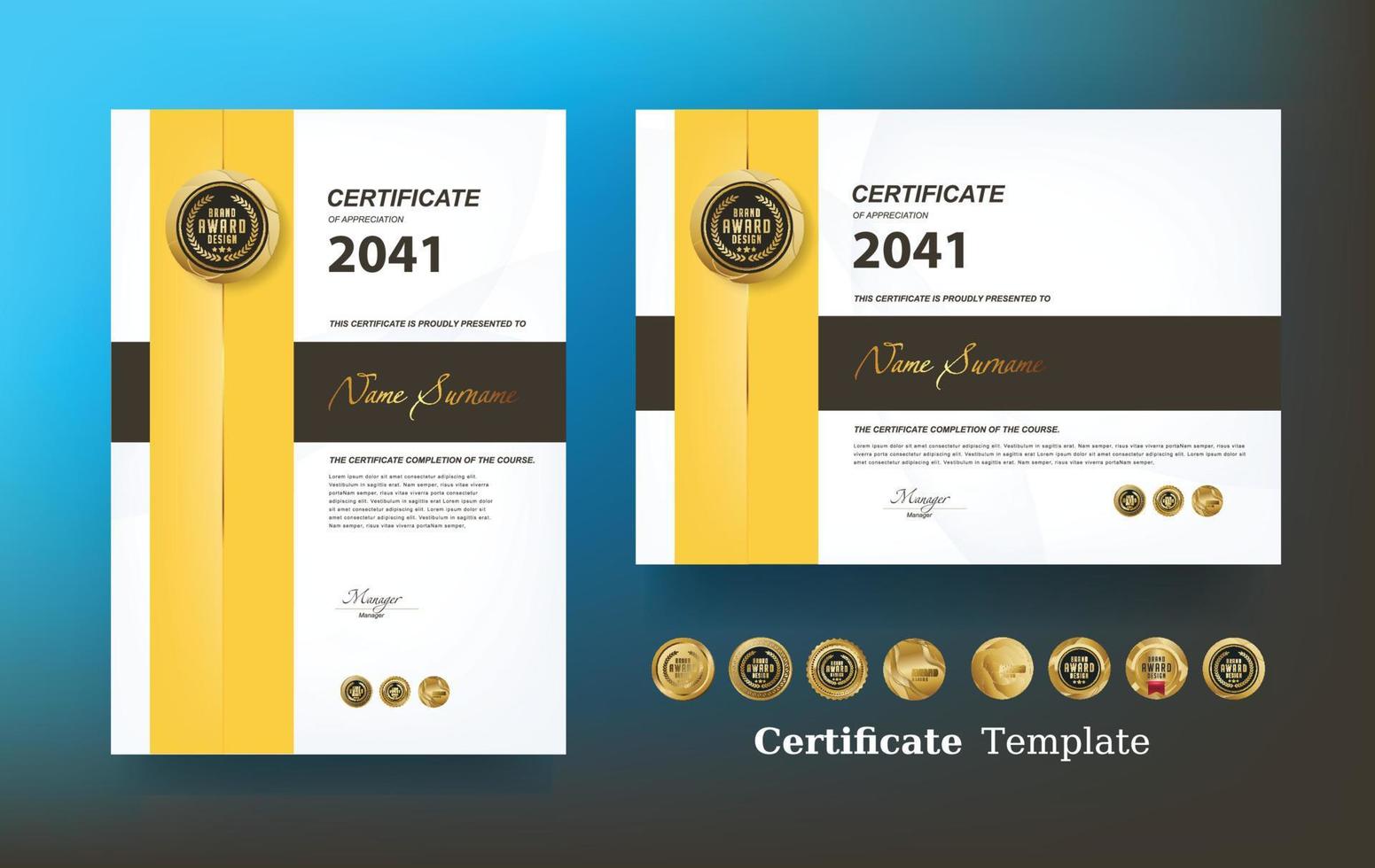 certificaat van waardering sjabloon en vector gouden luxe premium badges