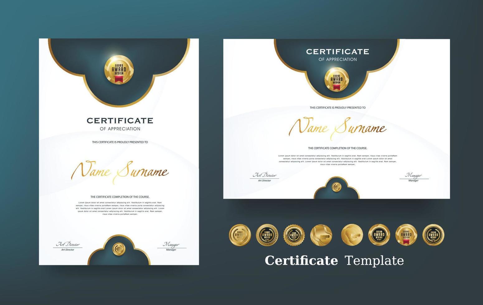certificaat van waardering sjabloon en vector gouden luxe premium badges