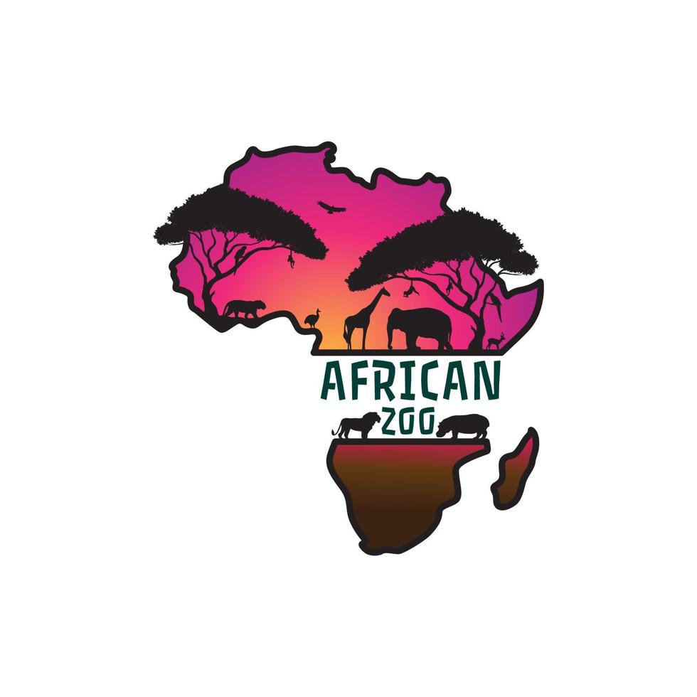 kaart van afrika met wilde dieren in afrika savanne dierentuin logo vector pictogram illustratie ontwerp