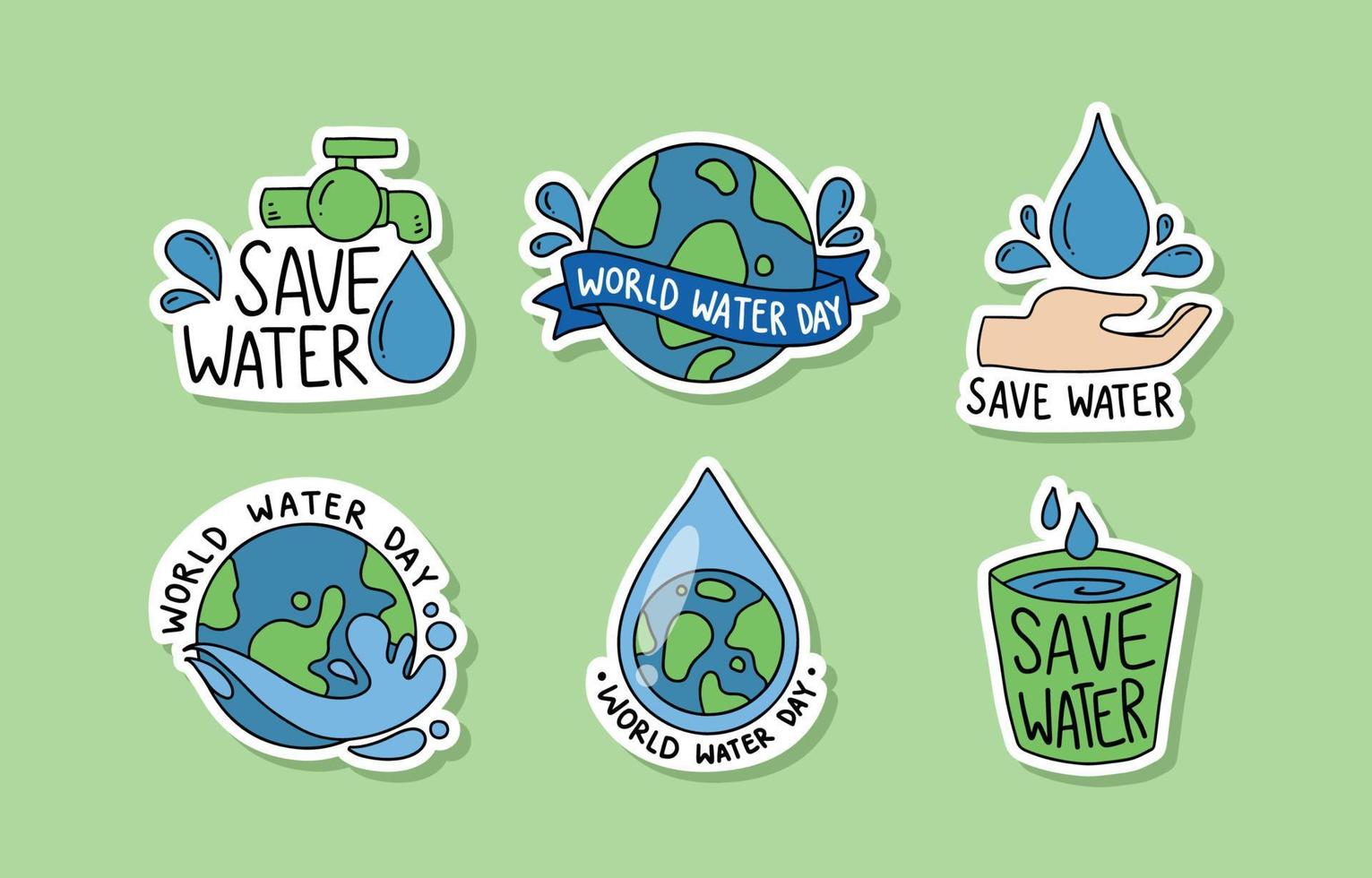 set handgetekende stickers voor wereldwaterdagcampagne vector