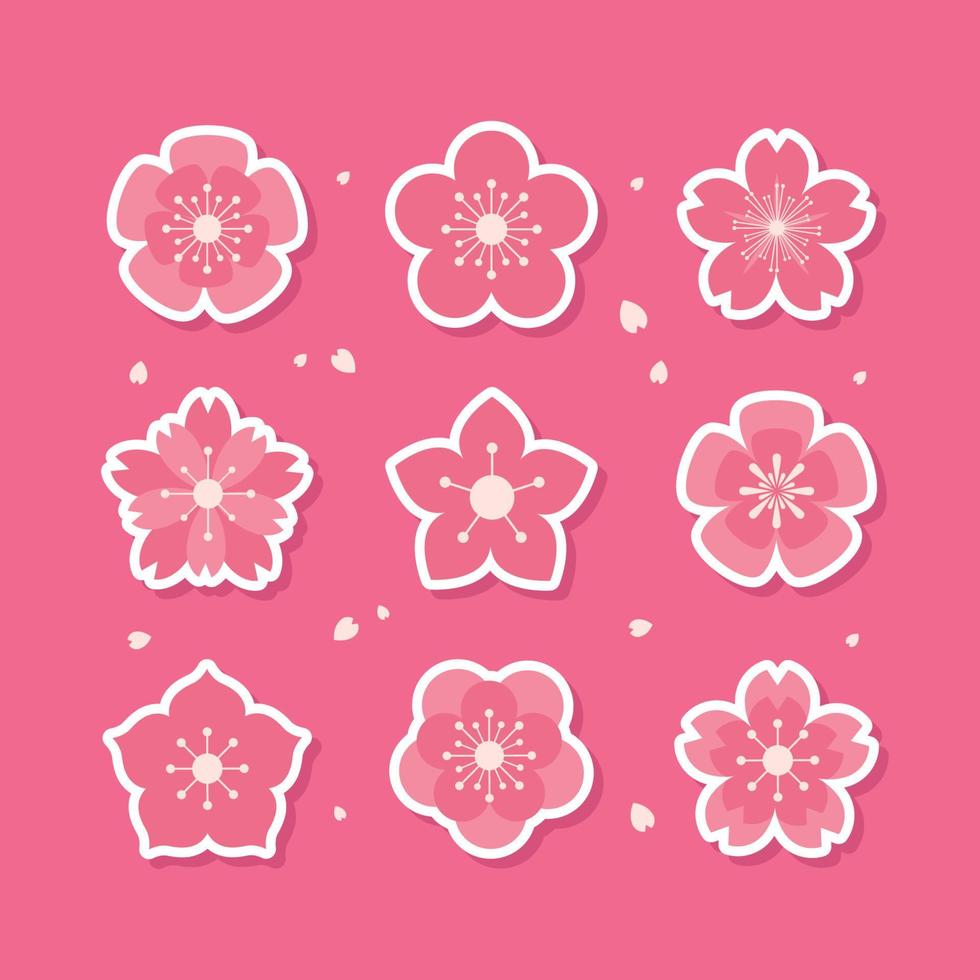 verzameling kersenbloesemstickers met verschillende bloembladvorm vector