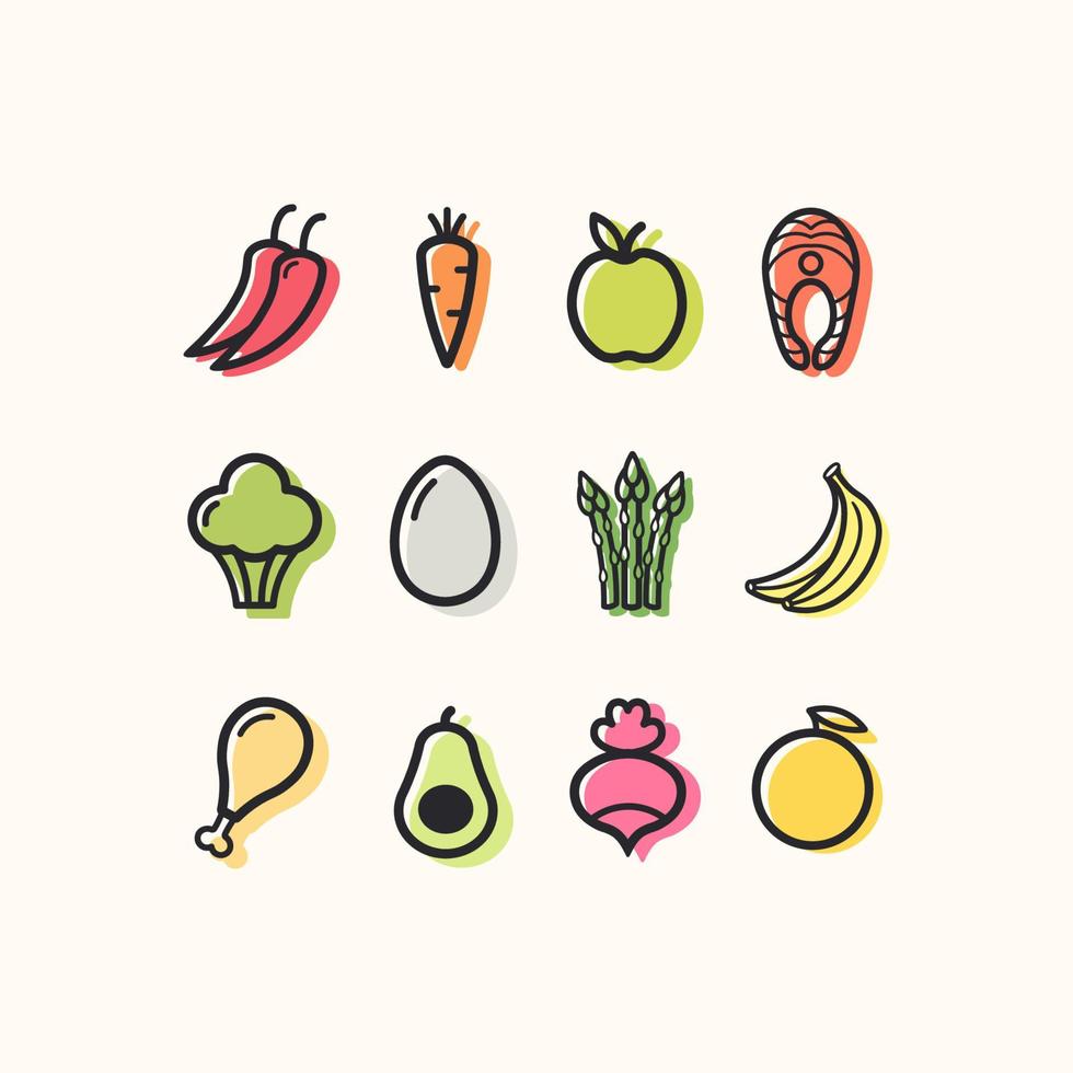 set van lineaire iconen van groenten, vlees en fruit voor een gezond dieet. vector