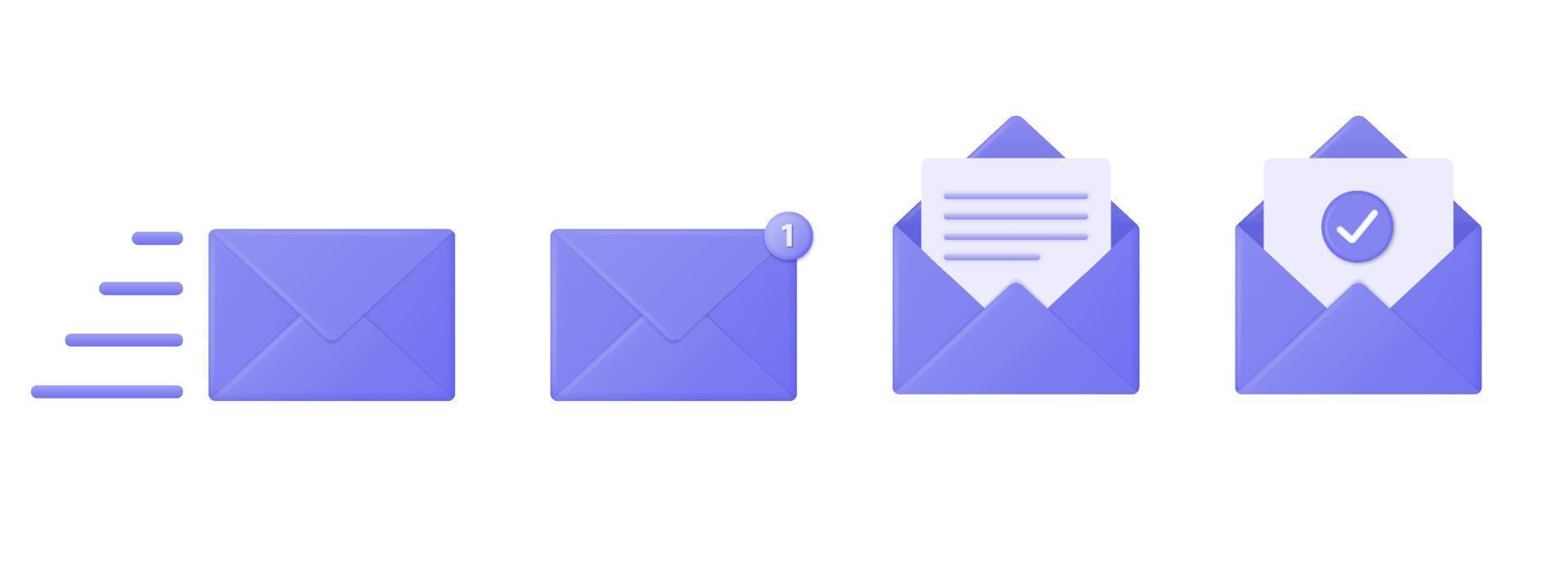 3D-pictogrammen van een paarse mailenvelop met een nieuwe berichtmarkering. e-mailmelding met een vinkje. vector